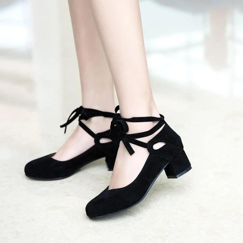 Women's Chunky Mid Block Heel Pumps Suede Square Toe Ankle Strap Comfortable Office Dress Shoes