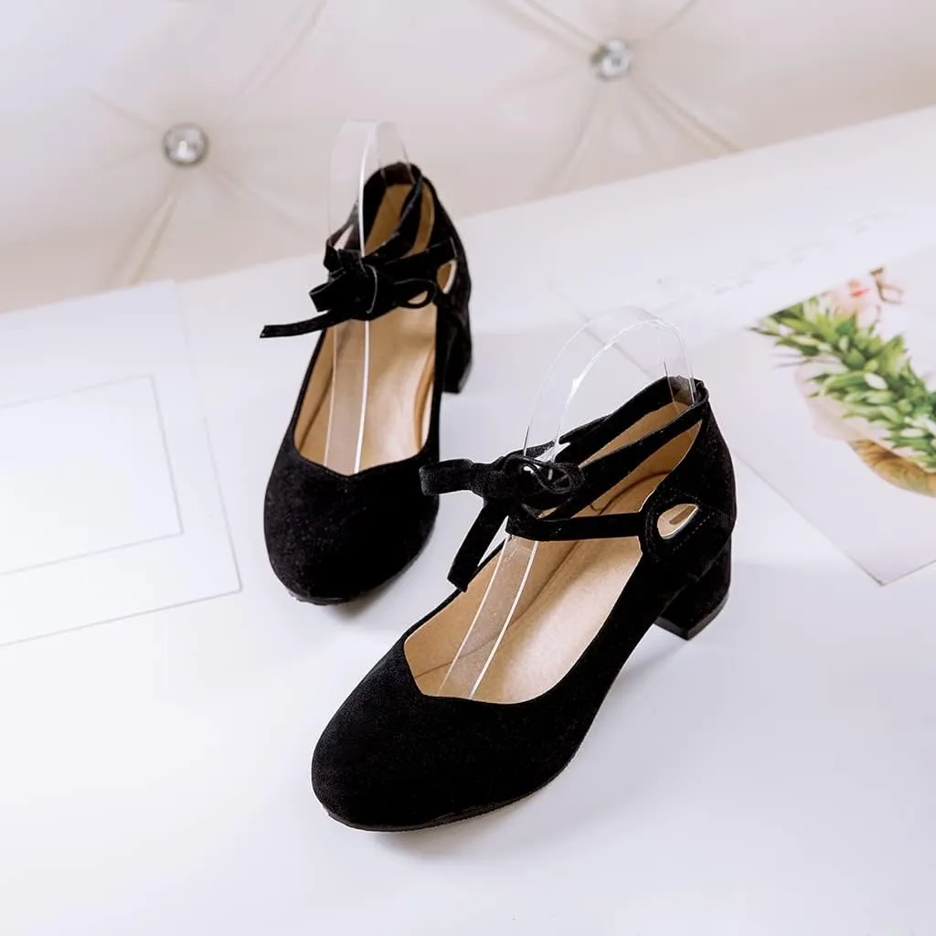 Women's Chunky Mid Block Heel Pumps Suede Square Toe Ankle Strap Comfortable Office Dress Shoes