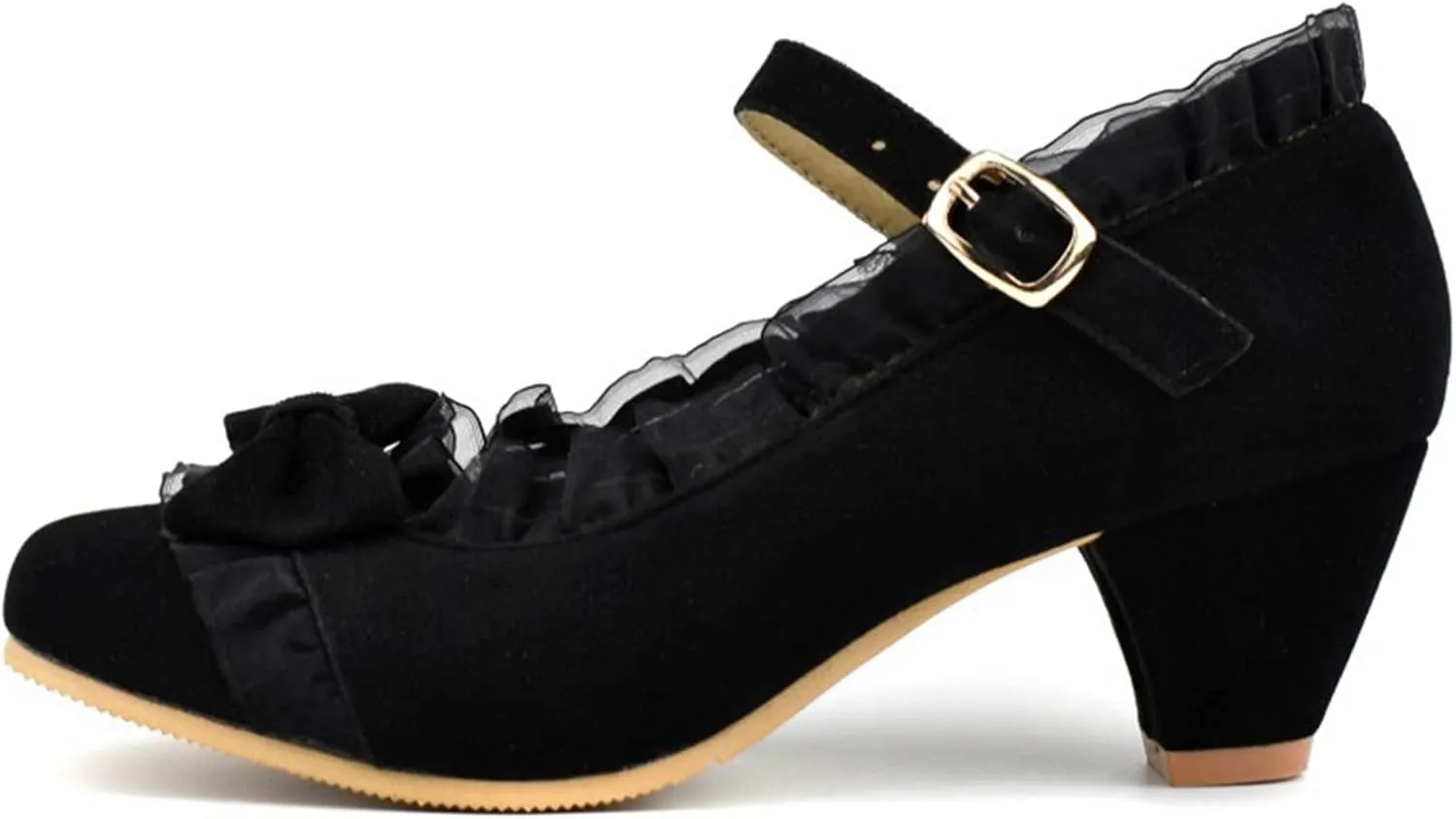 Women's Cute Bow Round Toe Mary Jane Shoes Mid Chunky Block Heel Lace Ruffle Ankle Strap Dress Pumps