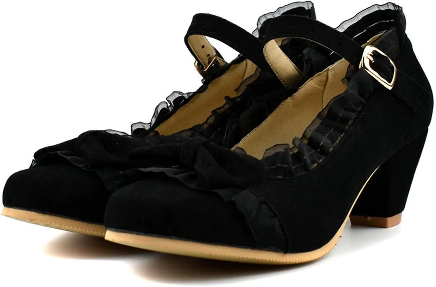 Women's Cute Bow Round Toe Mary Jane Shoes Mid Chunky Block Heel Lace Ruffle Ankle Strap Dress Pumps