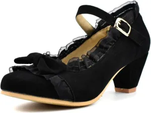 Women's Cute Bow Round Toe Mary Jane Shoes Mid Chunky Block Heel Lace Ruffle Ankle Strap Dress Pumps