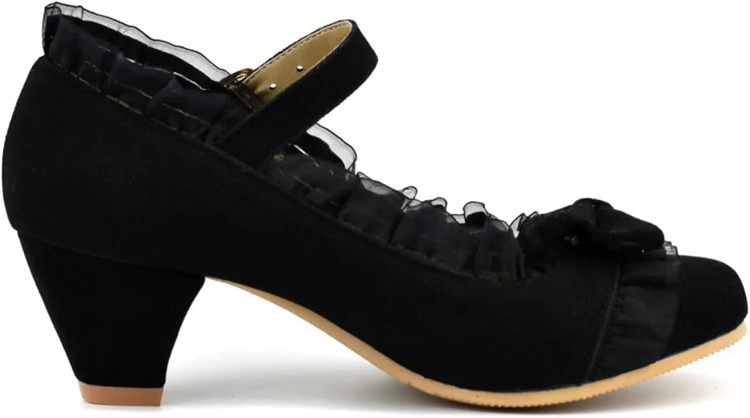 Women's Cute Bow Round Toe Mary Jane Shoes Mid Chunky Block Heel Lace Ruffle Ankle Strap Dress Pumps