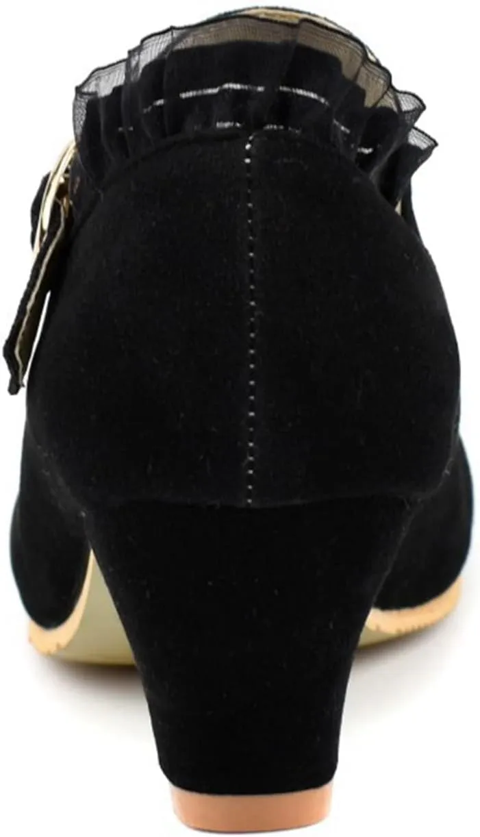 Women's Cute Bow Round Toe Mary Jane Shoes Mid Chunky Block Heel Lace Ruffle Ankle Strap Dress Pumps