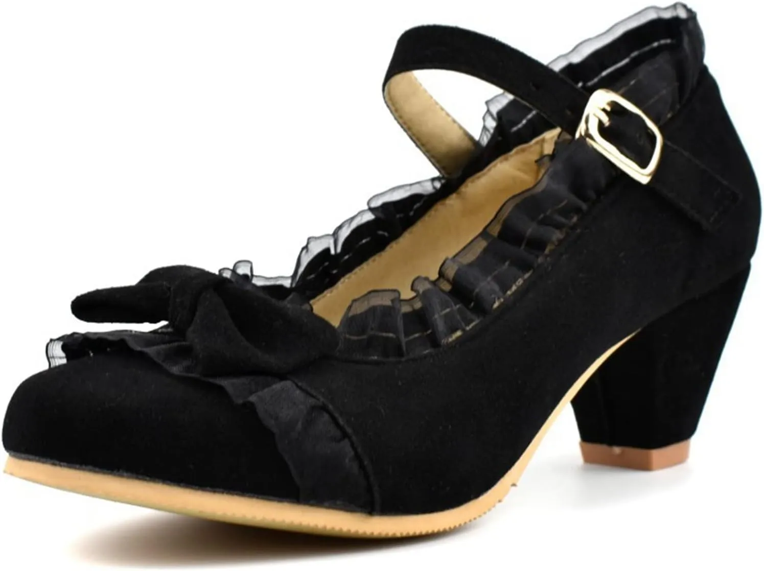 Women's Cute Bow Round Toe Mary Jane Shoes Mid Chunky Block Heel Lace Ruffle Ankle Strap Dress Pumps