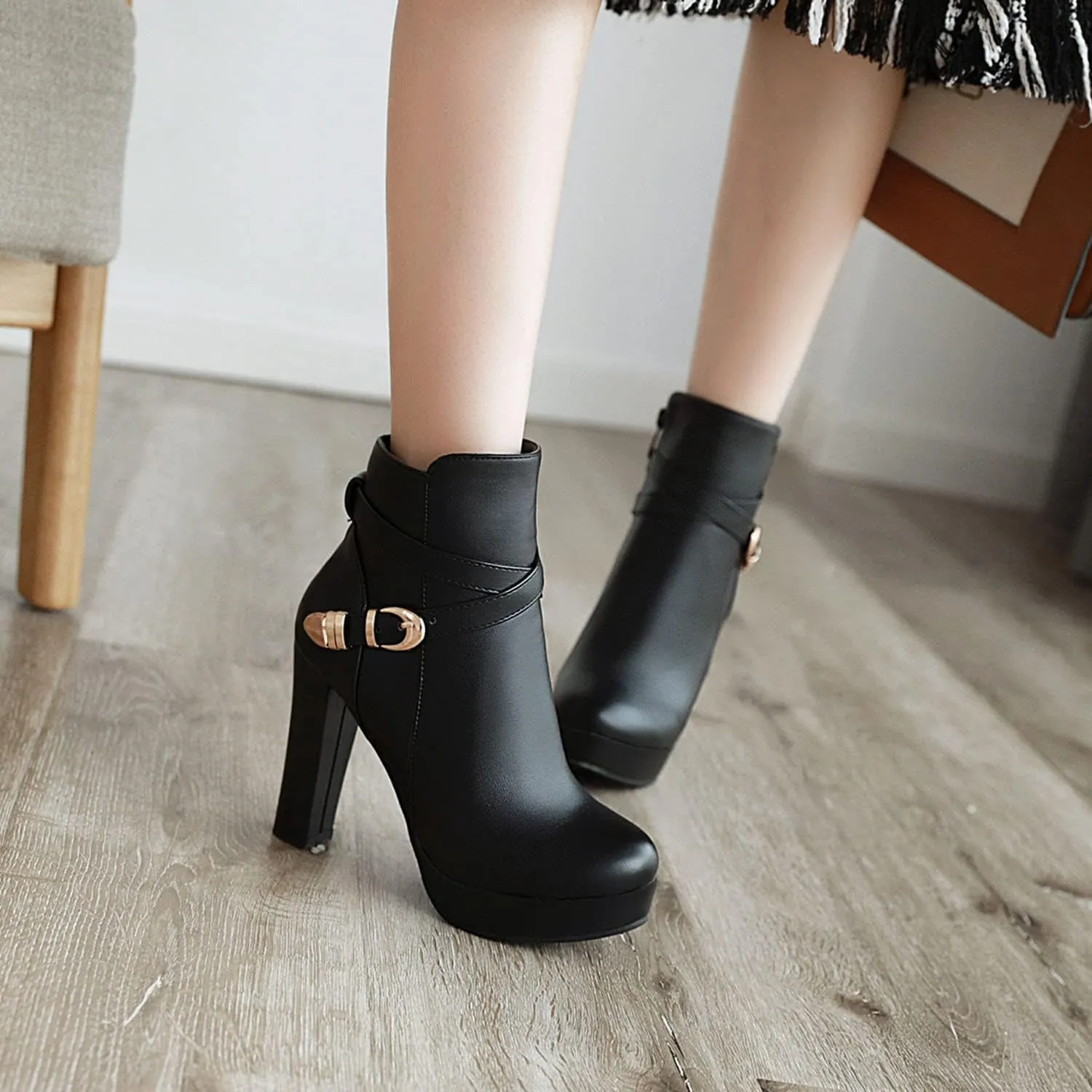 Womens Fashion Belt Buckle Ankle Boots PU Leather Platform Chunky High Heels Zipper Booties Dress Wedding Fall Booties Shoes