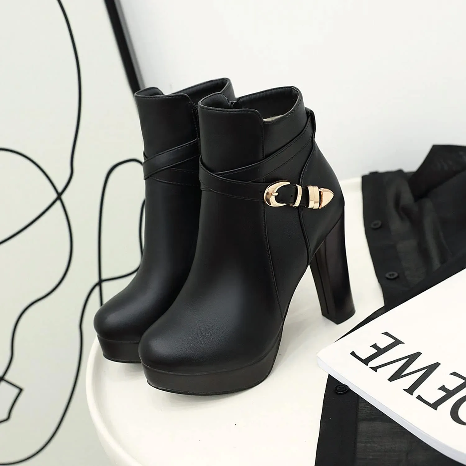 Womens Fashion Belt Buckle Ankle Boots PU Leather Platform Chunky High Heels Zipper Booties Dress Wedding Fall Booties Shoes