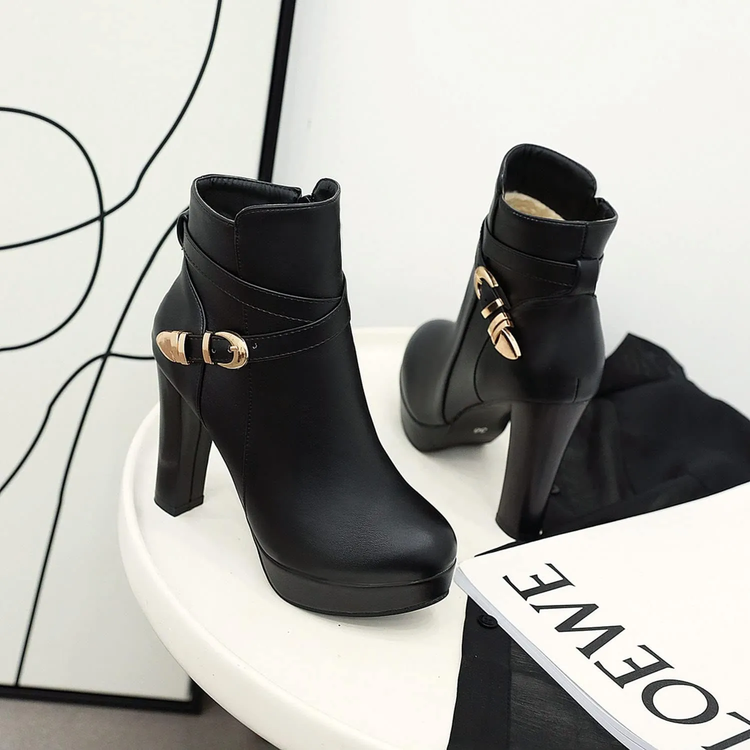 Womens Fashion Belt Buckle Ankle Boots PU Leather Platform Chunky High Heels Zipper Booties Dress Wedding Fall Booties Shoes