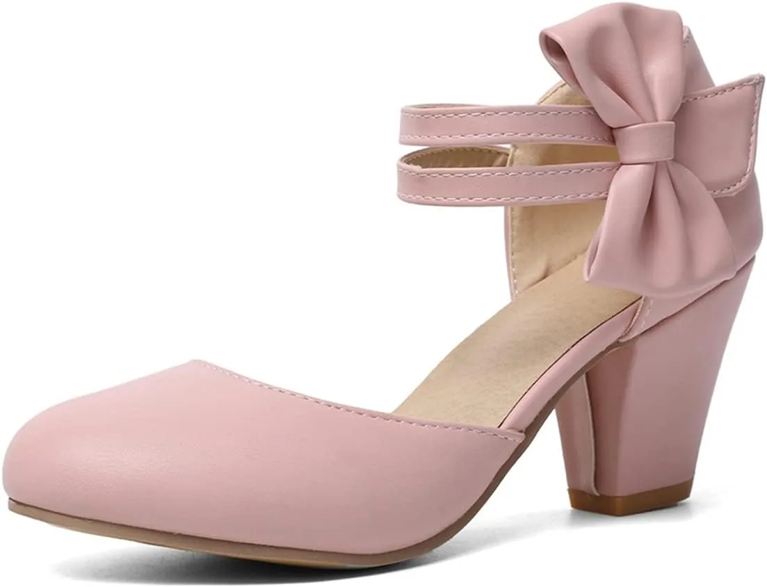 Women's High Heel Sandal Pumps Closed Round Toe Double Ankle Strap Bow Fashion Party Dress Shoes