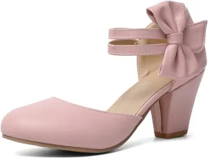 Women's High Heel Sandal Pumps Closed Round Toe Double Ankle Strap Bow Fashion Party Dress Shoes