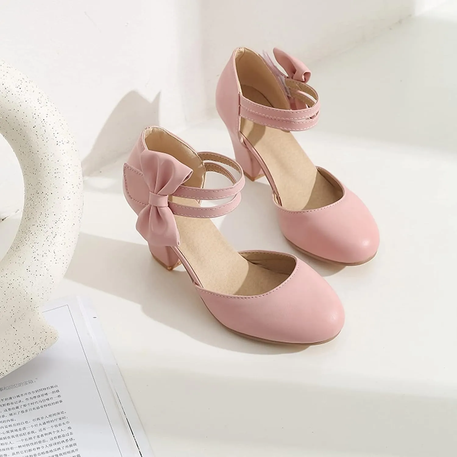 Women's High Heel Sandal Pumps Closed Round Toe Double Ankle Strap Bow Fashion Party Dress Shoes
