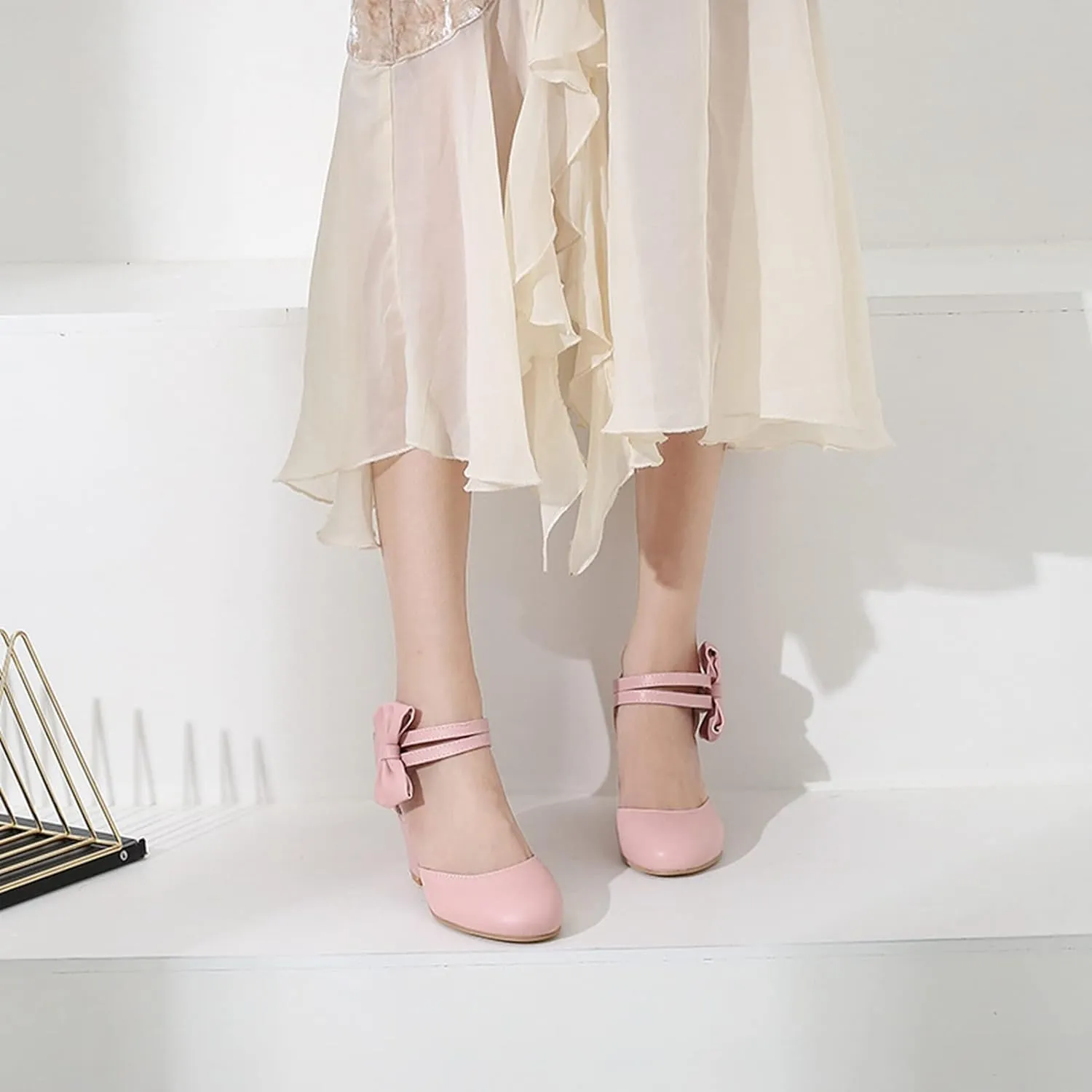Women's High Heel Sandal Pumps Closed Round Toe Double Ankle Strap Bow Fashion Party Dress Shoes