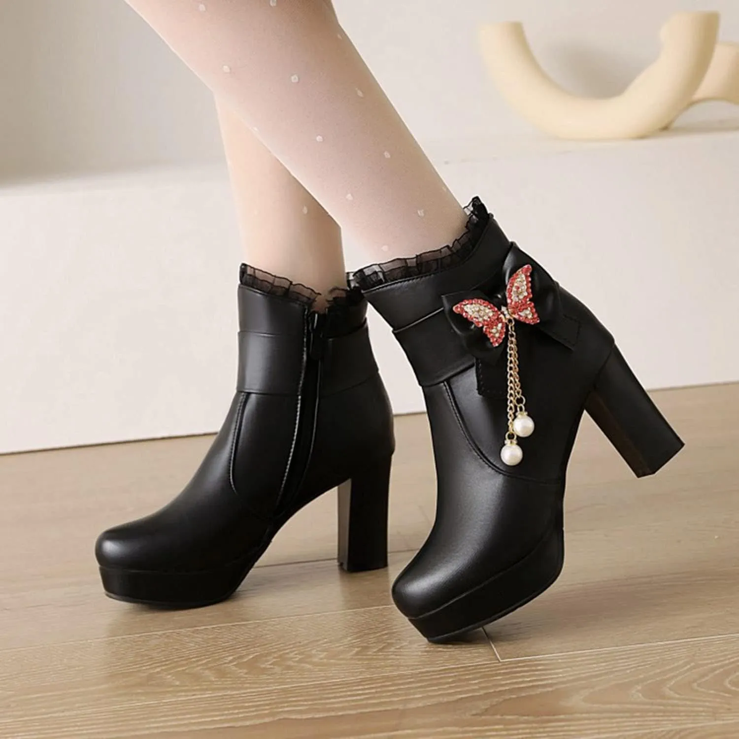 Womens Lace Rhinestone Bow Ankle Boots PU Leather Round Toe Chunky High Heels Zipper Booties Dress Wedding Fall Booties Shoes