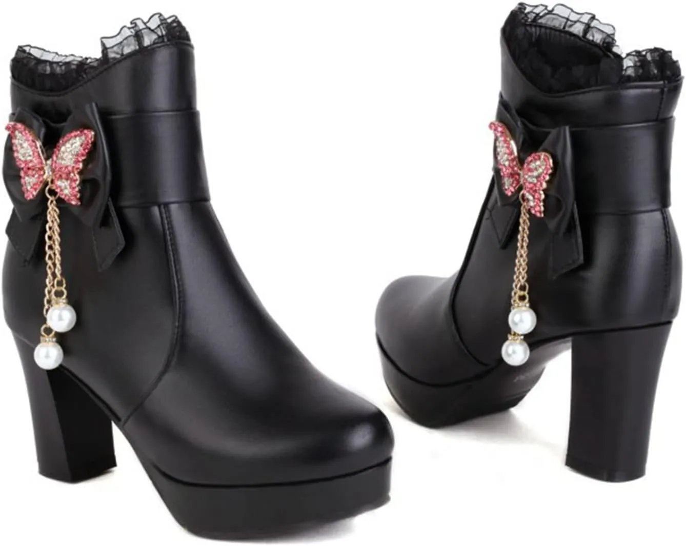 Womens Lace Rhinestone Bow Ankle Boots PU Leather Round Toe Chunky High Heels Zipper Booties Dress Wedding Fall Booties Shoes