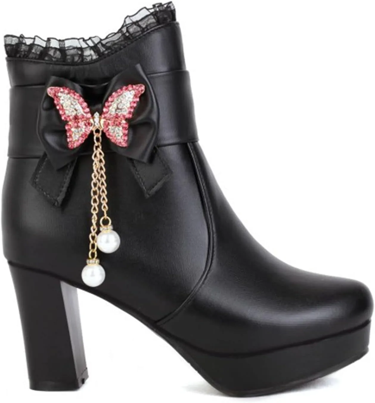 Womens Lace Rhinestone Bow Ankle Boots PU Leather Round Toe Chunky High Heels Zipper Booties Dress Wedding Fall Booties Shoes