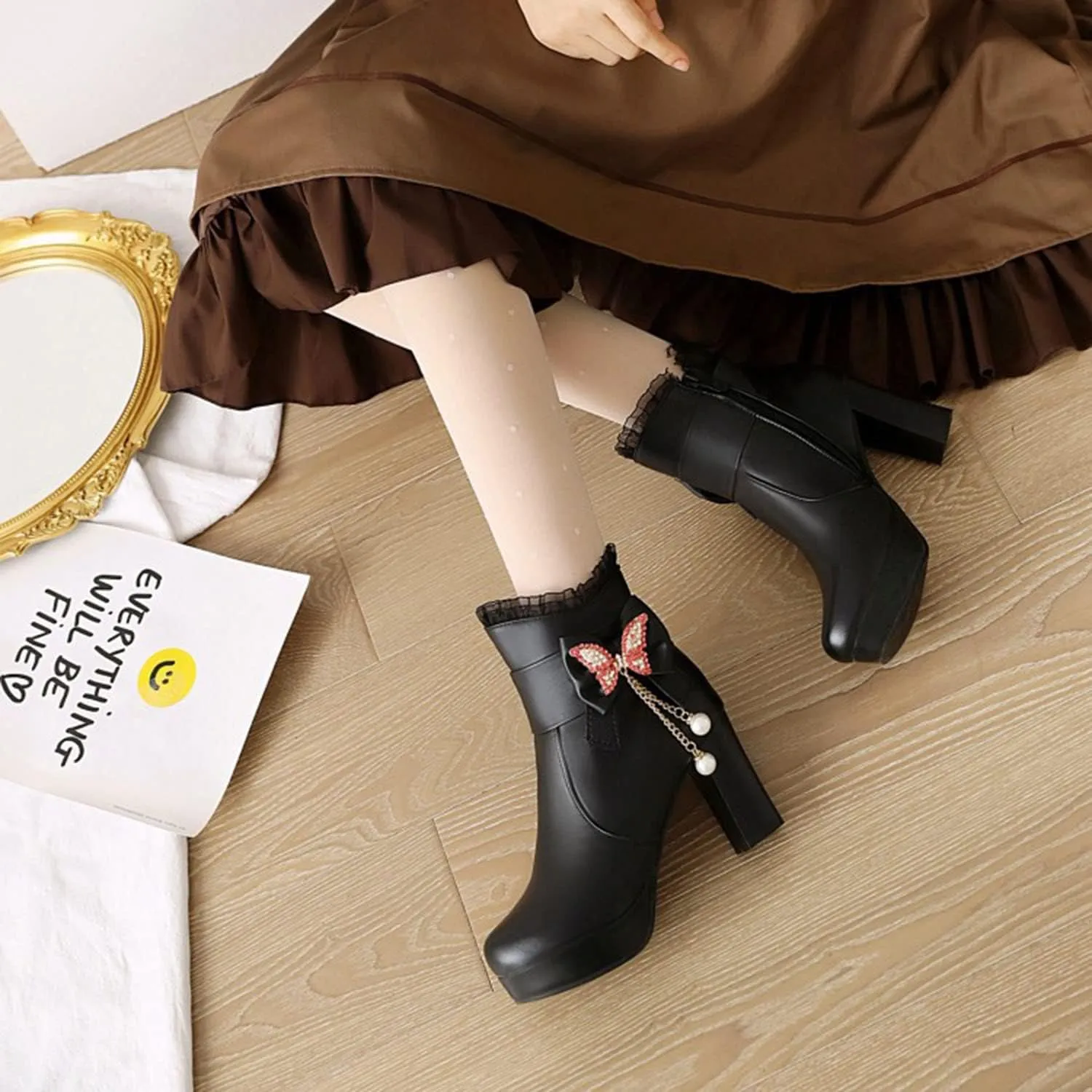 Womens Lace Rhinestone Bow Ankle Boots PU Leather Round Toe Chunky High Heels Zipper Booties Dress Wedding Fall Booties Shoes