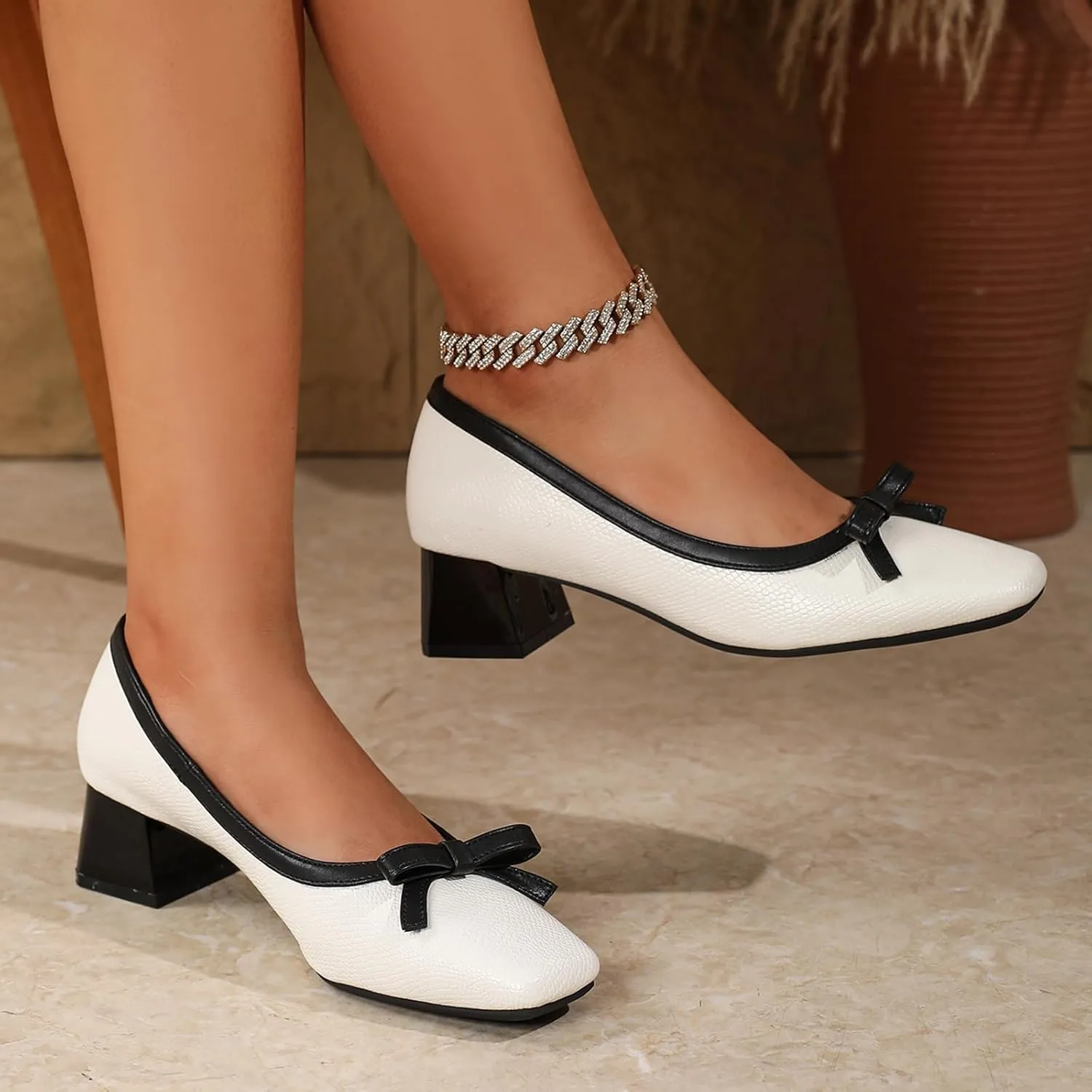 Women's Leather Bow Chunky Heel Pumps Fashion Closed Square Toe Block Heel Slip-On Shallow Wedding Shoes Party Dance Work Formal Shoes