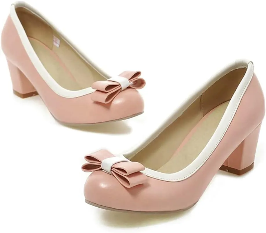 Womens Mid Block Heel Pump Closed Toe Bow Tie Shoes