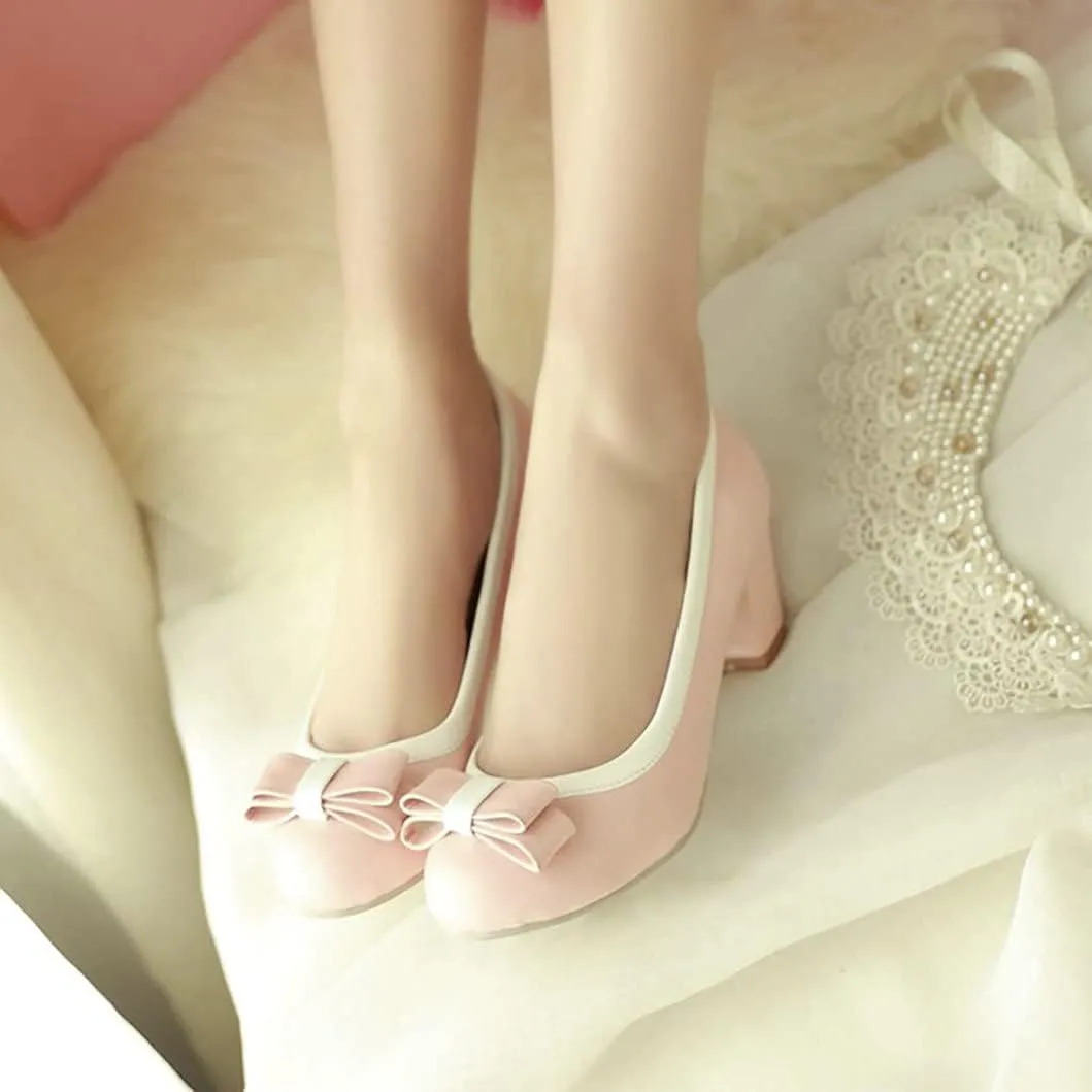 Womens Mid Block Heel Pump Closed Toe Bow Tie Shoes