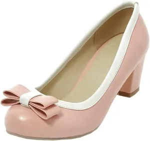 Womens Mid Block Heel Pump Closed Toe Bow Tie Shoes