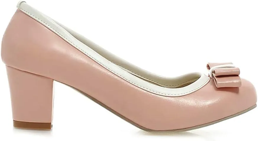 Womens Mid Block Heel Pump Closed Toe Bow Tie Shoes
