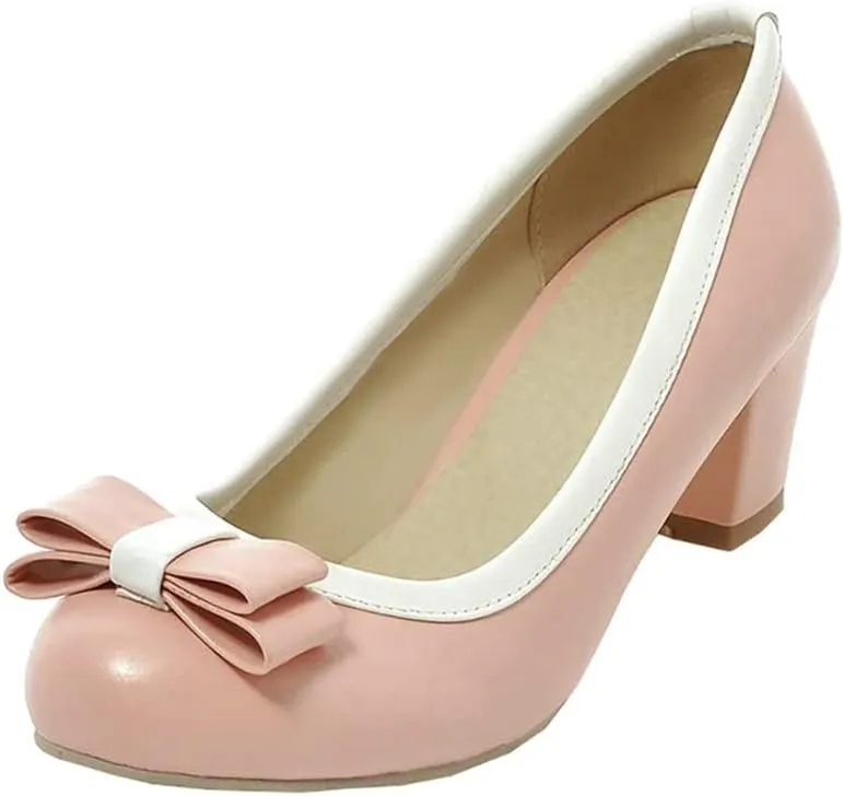 Womens Mid Block Heel Pump Closed Toe Bow Tie Shoes