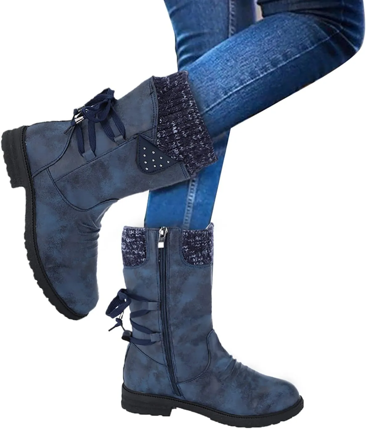 Womens Snow Boots Knit Calf Waterproof Winter Boots Non-slip Fuzzy Fur Booties Lightweight Slip on Ankle Boots Comfortable Winter Shoes Trekking Shoes