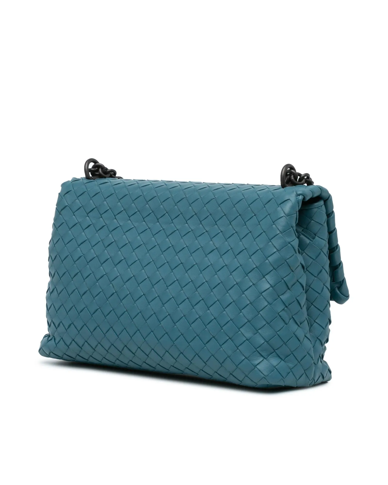 Woven Leather Shoulder Bag with Chain Straps and Magnetic Closure