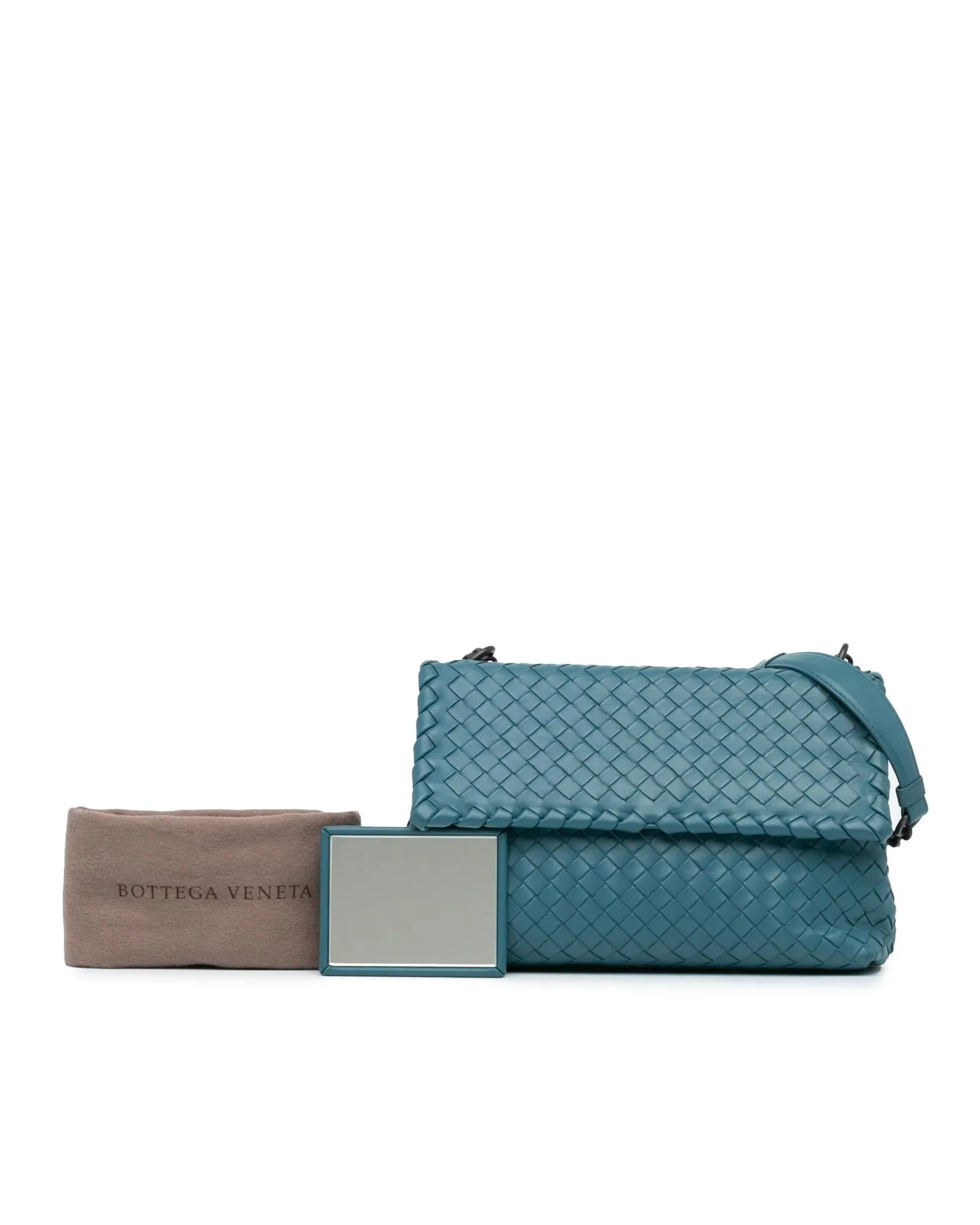 Woven Leather Shoulder Bag with Chain Straps and Magnetic Closure