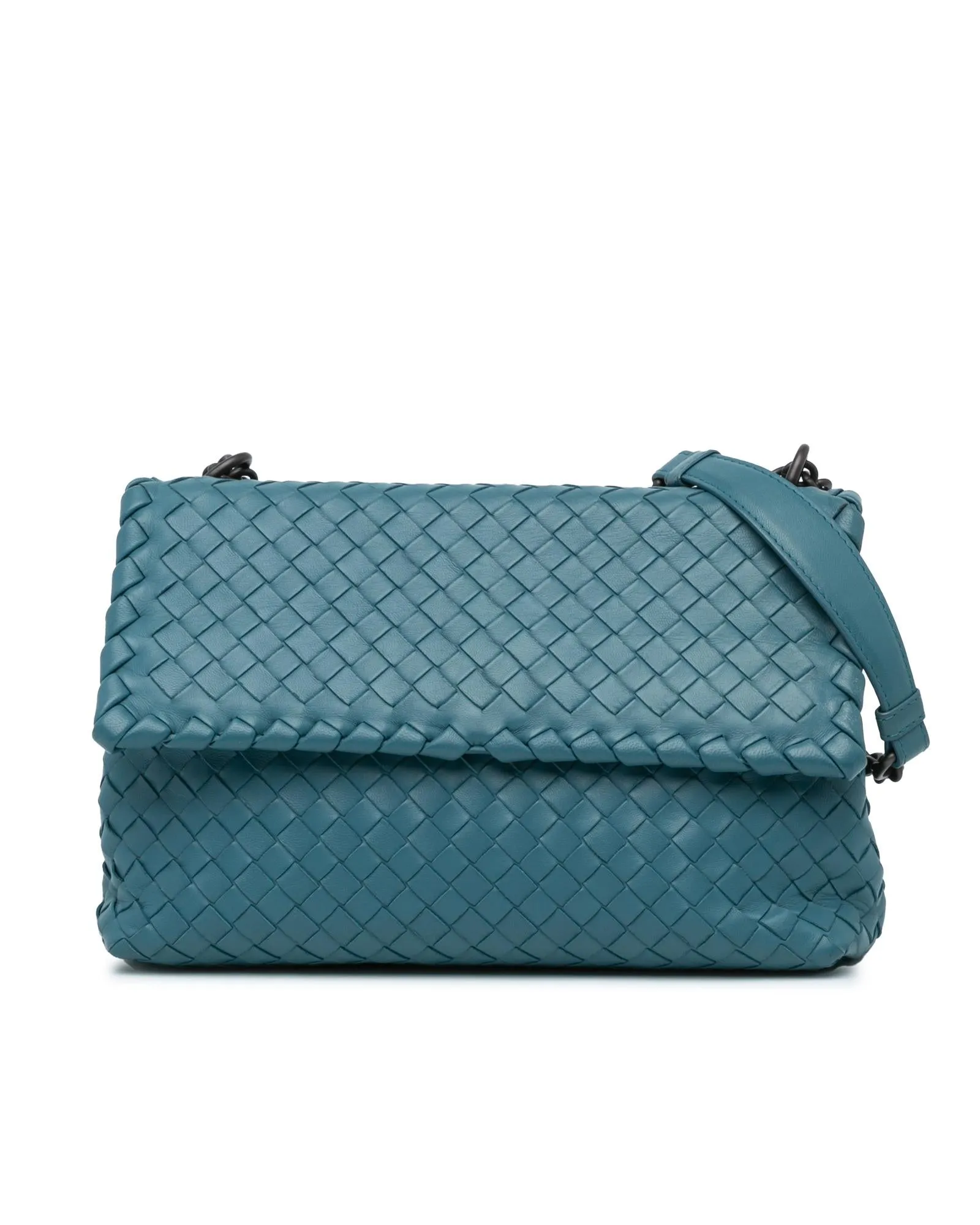Woven Leather Shoulder Bag with Chain Straps and Magnetic Closure