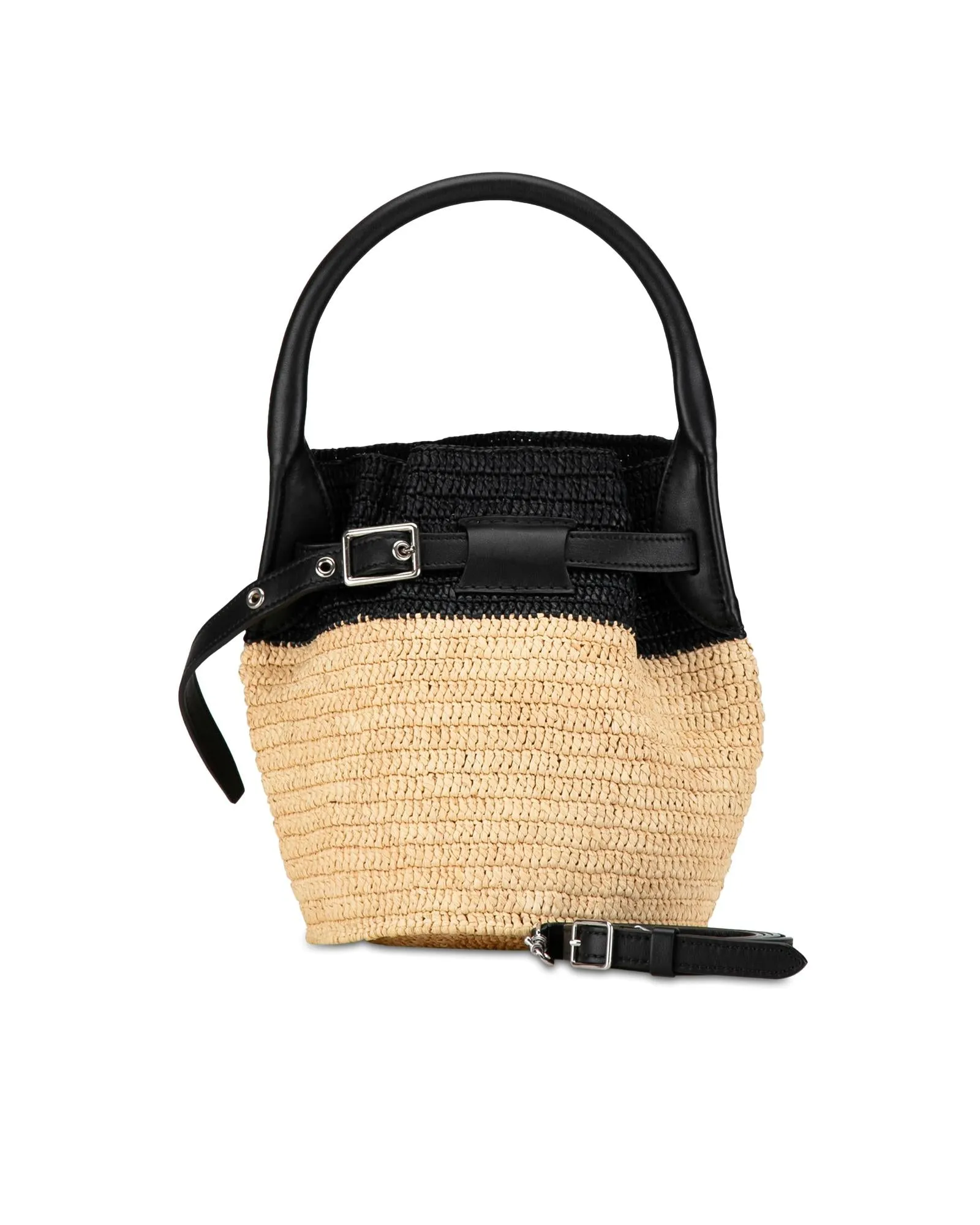 Woven Raffia Bucket Bag with Leather Trim and Rolled Handle