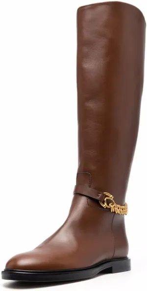 XYD Women's Winter Round Toe with Gold Chain Wide Calf Knee High Comfortable Chunky Heel Side Zippers Boots Soft Outdoor Riding Climbing Fashion Shoes