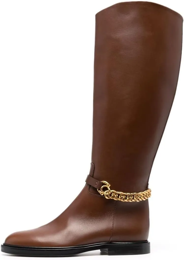 XYD Women's Winter Round Toe with Gold Chain Wide Calf Knee High Comfortable Chunky Heel Side Zippers Boots Soft Outdoor Riding Climbing Fashion Shoes