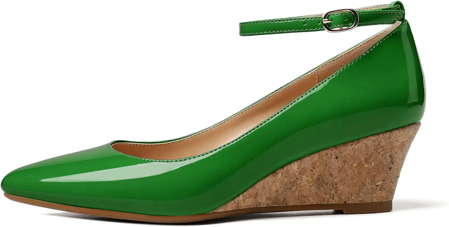 YODEKS Women's Wedge Pump Mid Heel Mary Jane Pointed Toe Shoes with Ankle Strap for Evening Party Dress Casual